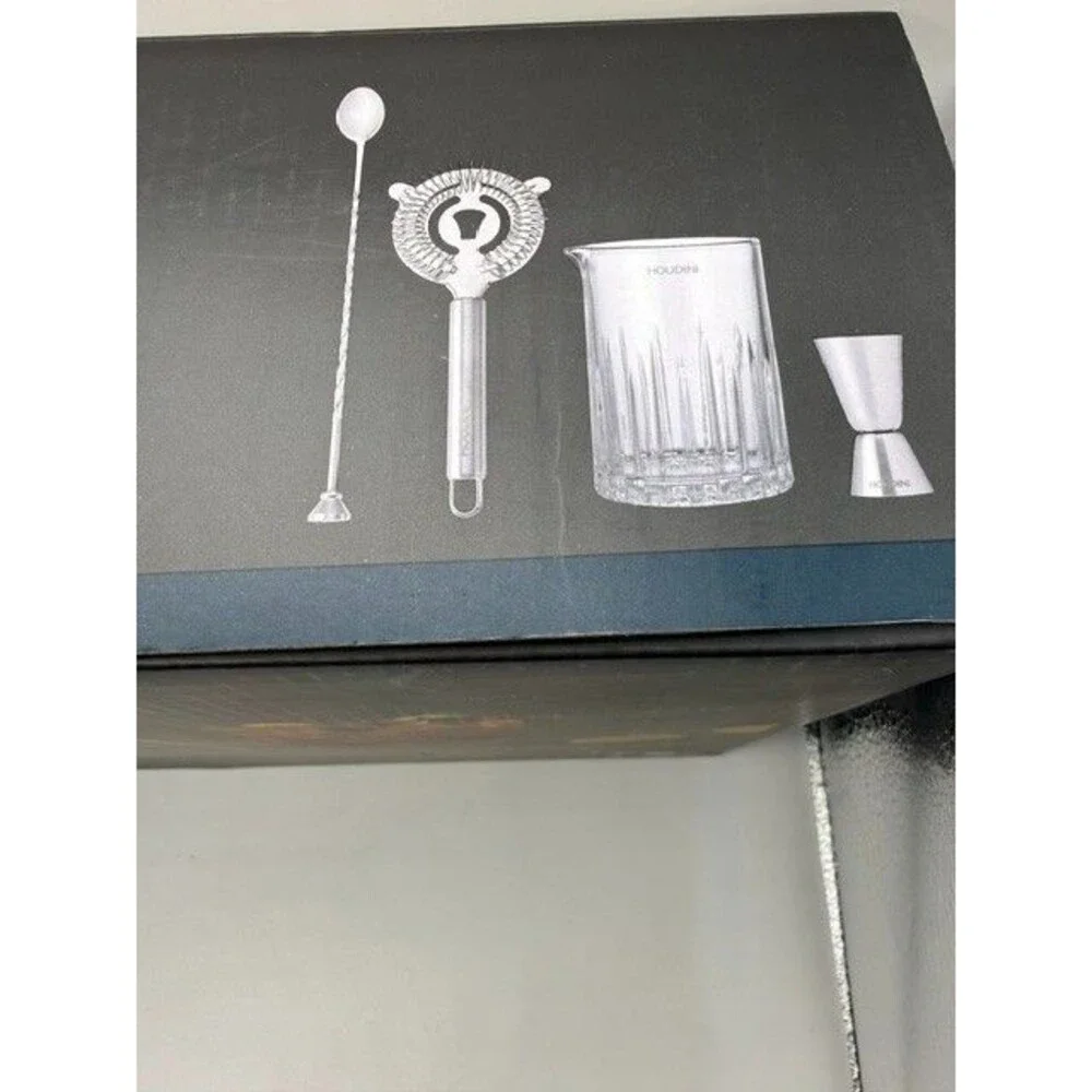 Houdini 4 Piece Cocktail Tool Set Mixing Glass Jigger Strainer Bar Spoon NEW